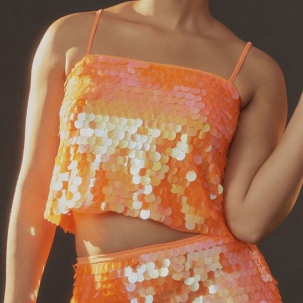 Anthropologie neon sequin cropped tank top Vibrant Orange size medium. NWT